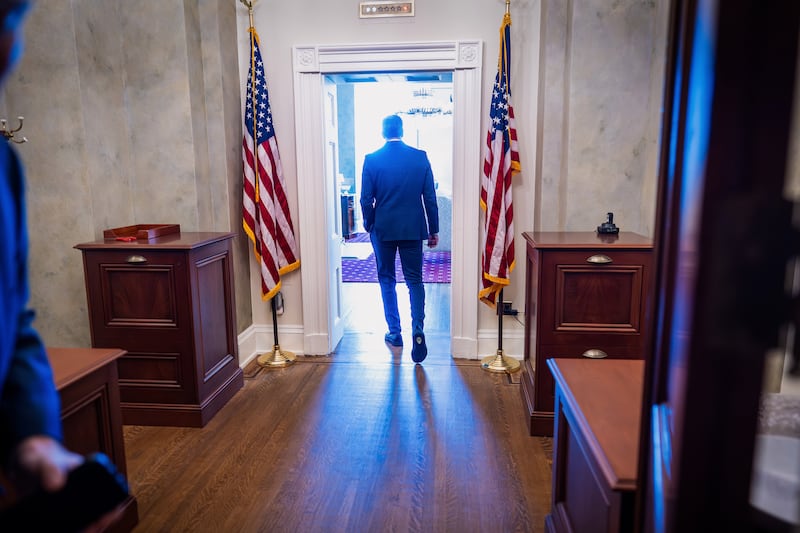 Senate Majority Leader John Thune, R-S.D., walks to his private office after speaking to reporters about a stopgap funding bill to reopen the government through Jan. 30, 2026, at the Capitol in Washington, Monday, Nov. 10, 2025. (AP Photo/J. Scott Applewhite)