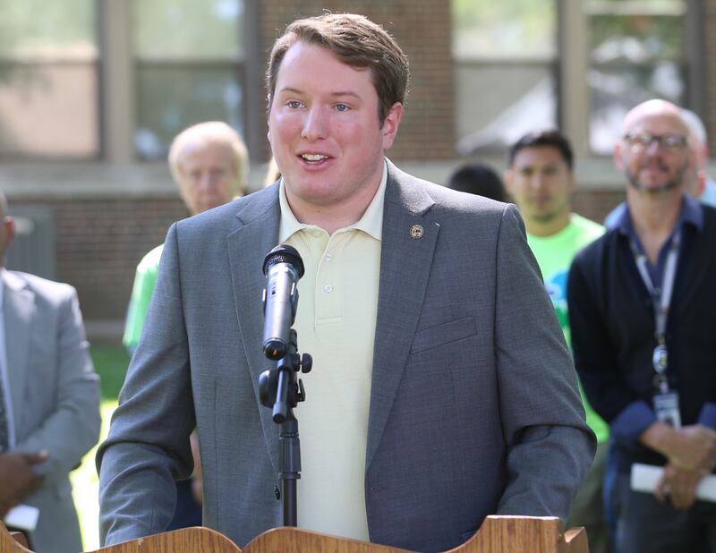 Illinos State Rep. Brad Fritts (R. Dixon) speaks outside of Lincoln Elementary School on Thursday, May 30, 2024 in Mendota. Illinois Transportation awarded Mendota for new sidewalks that help students more opportunities to walk, bike and roll as part of the Safe Routes to School Program.