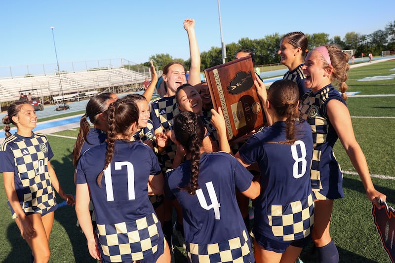 Lemont players celebrate following their 3-0 victory over Geneva in the IHSA Class 2A Kankakee Supersectional on Tuesday, June 2, 2026.