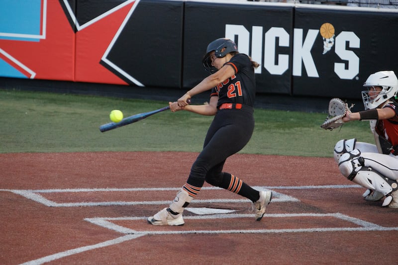 St. Charles East's Hayden Sujack connects for a homer at the Class 4A Rosemont Supersectional Final at The Stadium at the ParkwayBank Sports on Monday, June1, 2026 in Rosemont