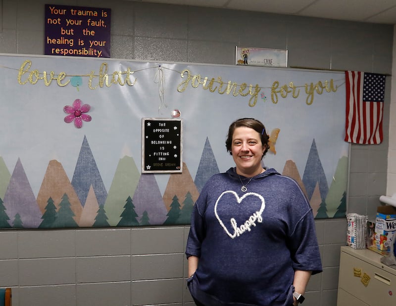 Johnsburg Junior High School social worker Nikki Brosh in her office on Thursday, April 17, 2025, at the school in Johnsburg.