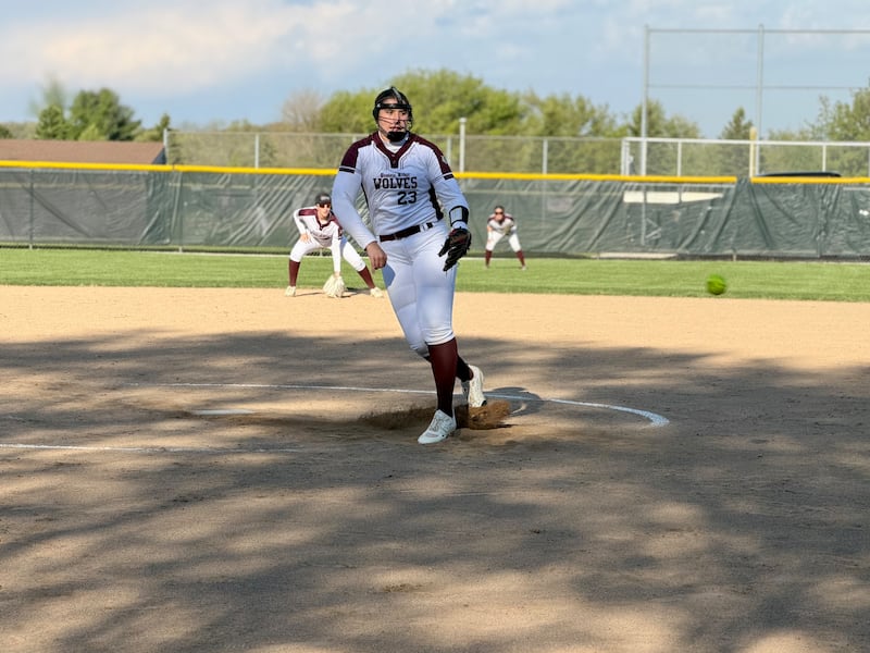 Prairie Ridge's Reese Mosolino throws a pitch against Huntley on Thursday, May 7, at Prairie Ridge High School in Crystal Lake.