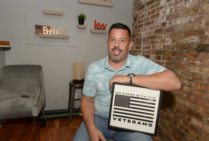Veteran, Donnie Fields runs a podcast out of his office in Downers Grove and assists Veterans with their housing needs Wednesday Oct 22, 2025.