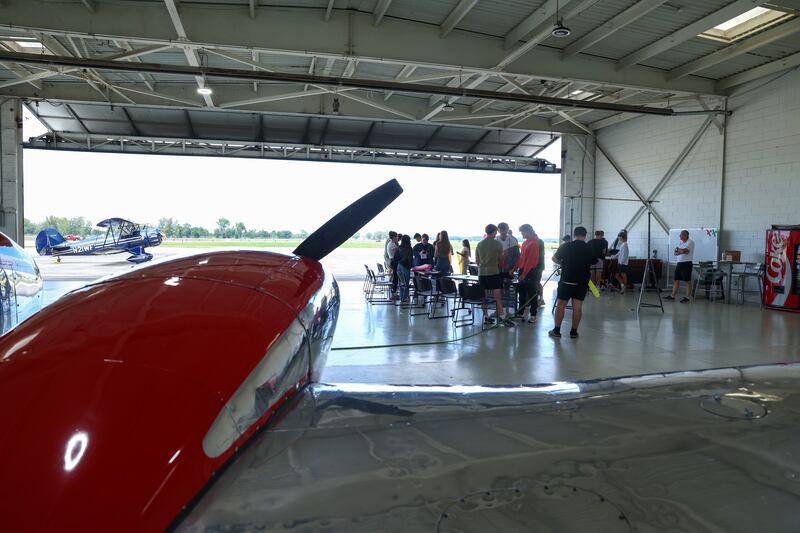 Area high school students participate in a lab as part of the Kankakee Area Career Center's new aviation program held at the Greater Kankakee Airport in conjunction with the D14 Aviation flight school on Sept. 25, 2025.