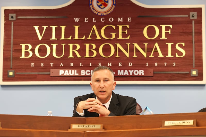 Bourbonnais Mayor Jeff Keast addresses the crowd as he begins to preside of his first board meeting on Monday, May 5, 2025, after being sworn in to the village's top seat.