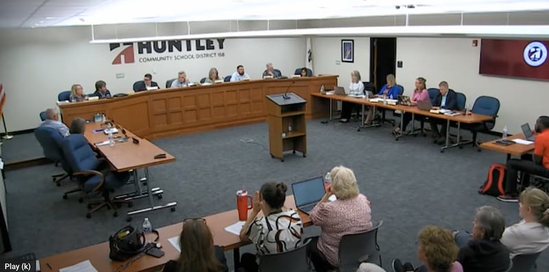 The Huntley School District 158 board meets on Aug. 7, 2025. The meeting became rancorous when one board member accused another of violating the law by voting on a bill for a nonprofit for which he works. The second board member said it was a mistake.