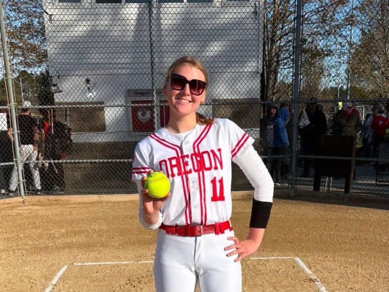 Oregon pitcher Izzy Berg is pictured after eclipsing 100 strikeouts for the season on Monday, April 20, 2026. She struck out 12 in a 2-1 win over Byron and has 110 strikeouts on the season.