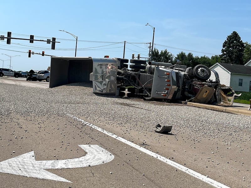 Ridge Road in Joliet covered in gravel after a semitrailer rolled from a collision with a Hyundai Santa Fe on Saturday, Aug. 16, 2025.