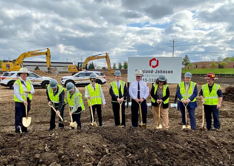 City of Sycamore officials, including members of the Sycamore City Council, Mayor Steve Braser (second from right), City Manager Michael Hall (middle) and Fire Chief Bart Gilmore (four from right) pose after shoveling the first dirt during a groundbreaking ceremony for the city's new fire station on Monday, May 5, 2025, at 1351 S. Prairie Drive, Sycamore.