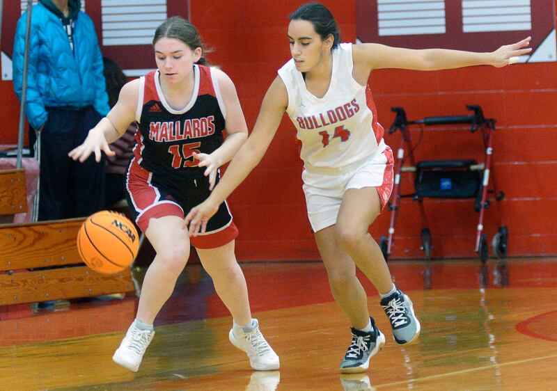 Streator’s Isabel Gutierrez (14, at right) goes for the steal against Henry-Senachwine during a 2024-25 game at Pops Dale Gymnasium in Streator.