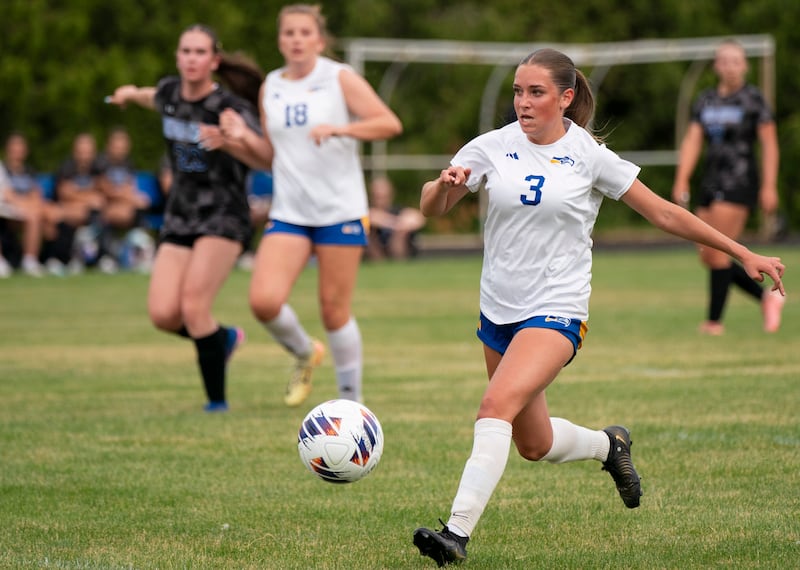 Johnsburg's Charlie Eastland (3) looks to pass during the girls soccer Class 1A Marian Central Supersectional against Rockford Christian on Monday, June 1, 2026 at Marian Central Catholic High School in Woodstock.