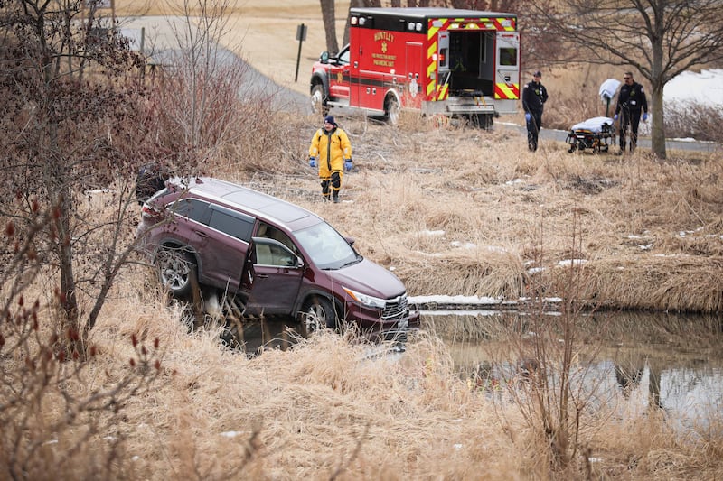 Two cars collided on Thursday, Feb. 12, 2026, inside Sun City Huntley, leaving one vehicle on the edge of a pond.