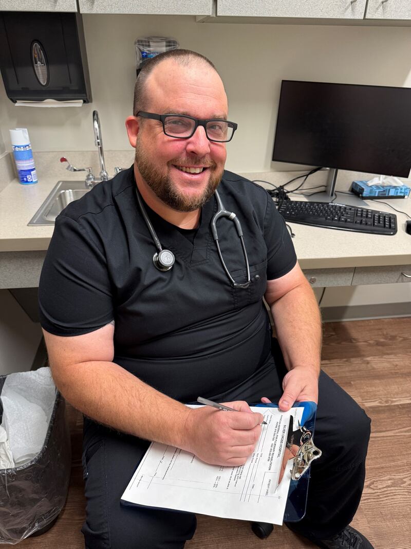 Brian Skraba, a Marine veteran and a board-certified nurse practitioner, is seen at Silver Cross Hospital in New Lenox on Friday, Oct. 10, 2025.