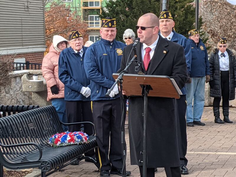 Oswego Village President Ryan Kauffman was one of the speakers at the Oswego American Legion Post 675′s annual Veterans Day ceremony on Nov. 11 at the Oswego Veterans Memorial Plaza in downtown Oswego. His father, Terry Kauffman, served in the U.S. Air Force during the Vietnam War.