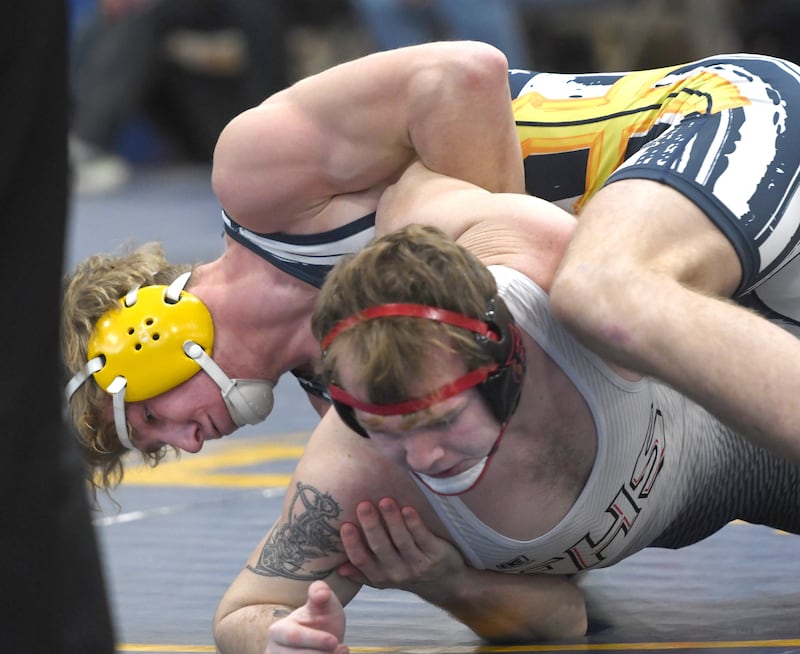 Fulton's Mason Kuebel (bottom) battles Yorkville Christian's Tyler Gleason in the championship match at 175 pounds at the Polo Wrestling Invitational on Saturday, Jan, 10, 2026 at Polo High School.