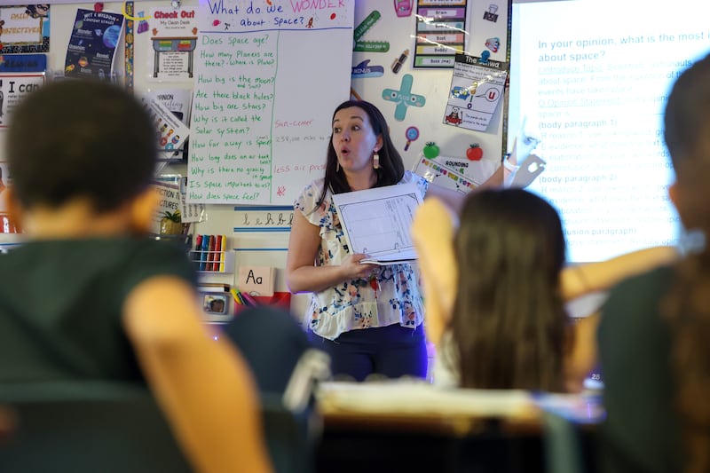 Third grade teacher Nikki Mosier guides the class through a worksheet at Alan B. Shepard Elementary School in Bourbonnais on March 10, 2026. Mosier has been a teacher in Bourbonnais Elementary School District for 15 years.