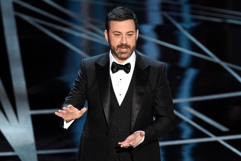 FILE - Host Jimmy Kimmel speaks at the Oscars in Los Angeles on Feb. 26, 2017. (Photo by Chris Pizzello/Invision/AP, File)