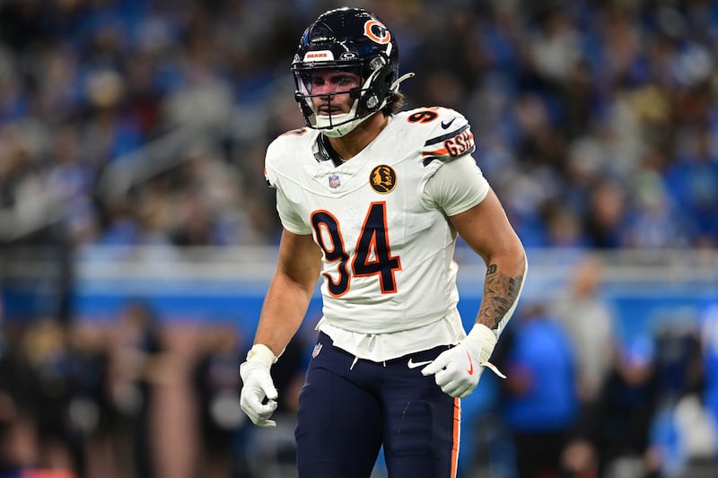 Chicago Bears defensive end Austin Booker lines up during the first half of an NFL football game against the Detroit Lions in Detroit, Thursday, Nov. 28, 2024. The Lions won 23-20. (AP Photo/David Dermer)