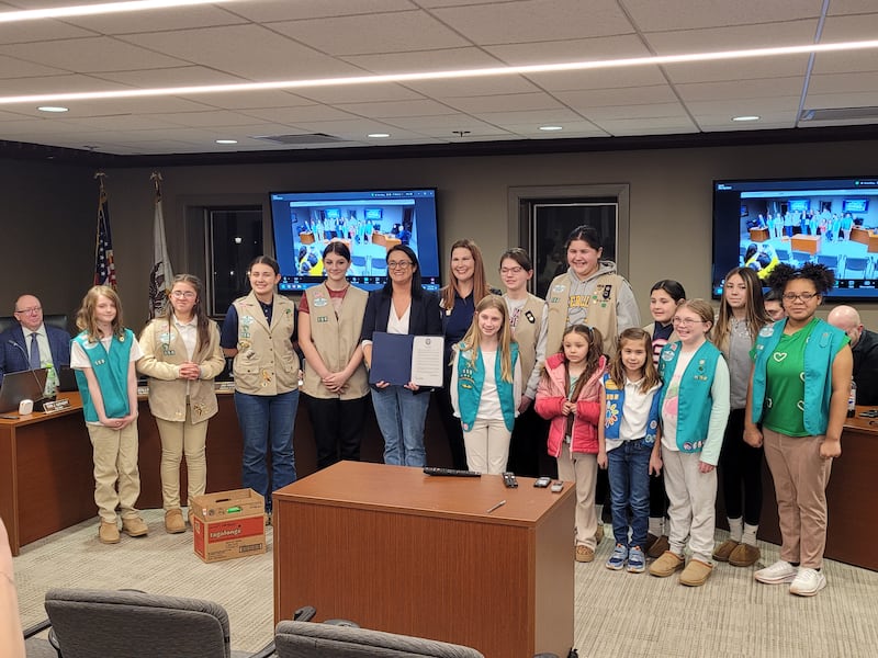 Members of Girl Scout Troop 150 and their troop leader, Stephanie Olivas, received a proclamation from Sterling Mayor Diana Merdian for Girl Scout Week 2026, March 8-14. Members of Troop 150 attended the first city council meeting in March and brought the council members a selection of Girl Scout Cookies.