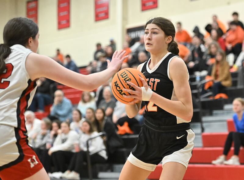 Lincoln-Way West's Caroline Smith looks to make a play during the Rich Township Sectional game against Marist on Thursday, Feb. 27, 2025, at Richton Park.
