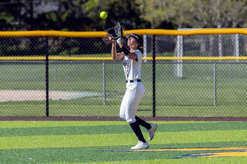 Sterling’s Lily Cantu hauls in a fly ball against Alleman Thursday, May 8, 2025.