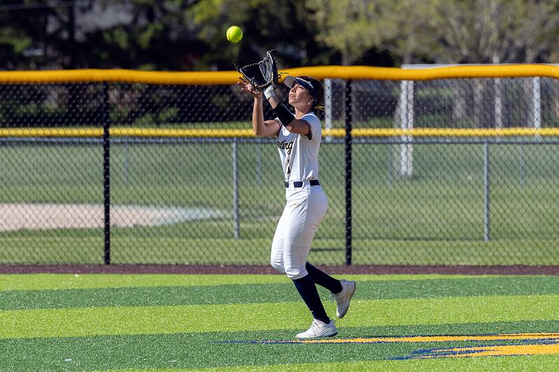 Sterling’s Lily Cantu hauls in a fly ball against Alleman Thursday, May 8, 2025.