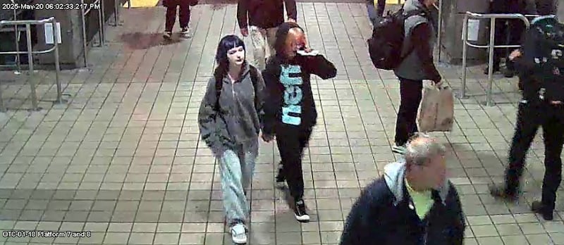Emilia Rechsteiner, 14, of Huntley and Elizabeth Ernst, 15, of Crystal Lake are seen in a surveillance photo arriving at Ogilvie Transportation Center in Chicago at about 6 p.m. Tuesday, May 20, 2025. They were reported missing.