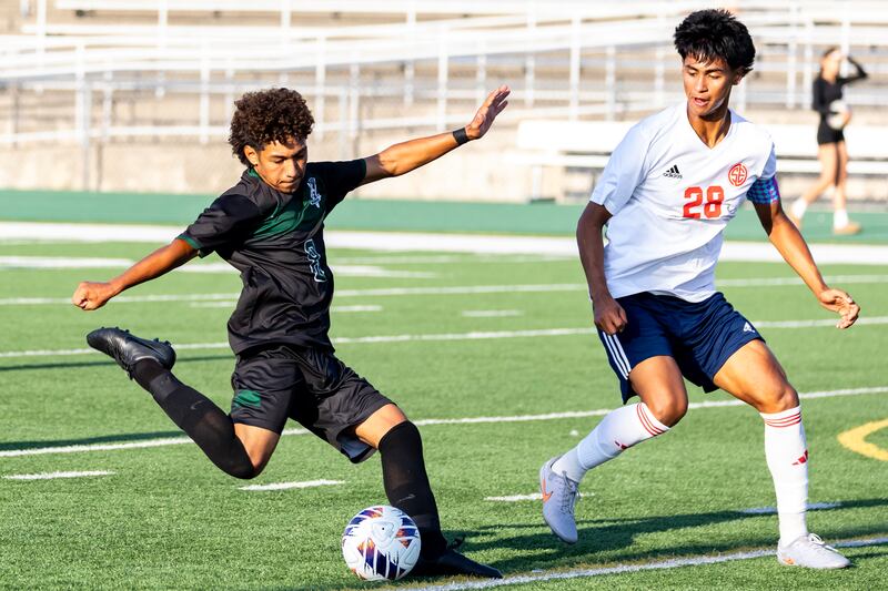 Plainfield Central’s Leo Perez attempts a goal as South Elgin's Pablo Correa plays defense during a game at Plainfield Central on Aug. 28, 2025.