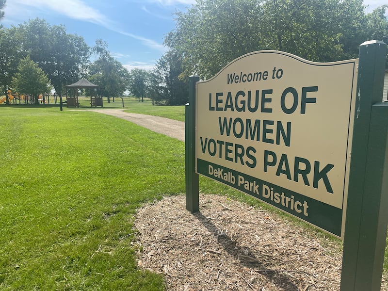 Signage outside League of Women Voters Park is seen July 8, 2024 at 262 Cotton Avenue in DeKalb.