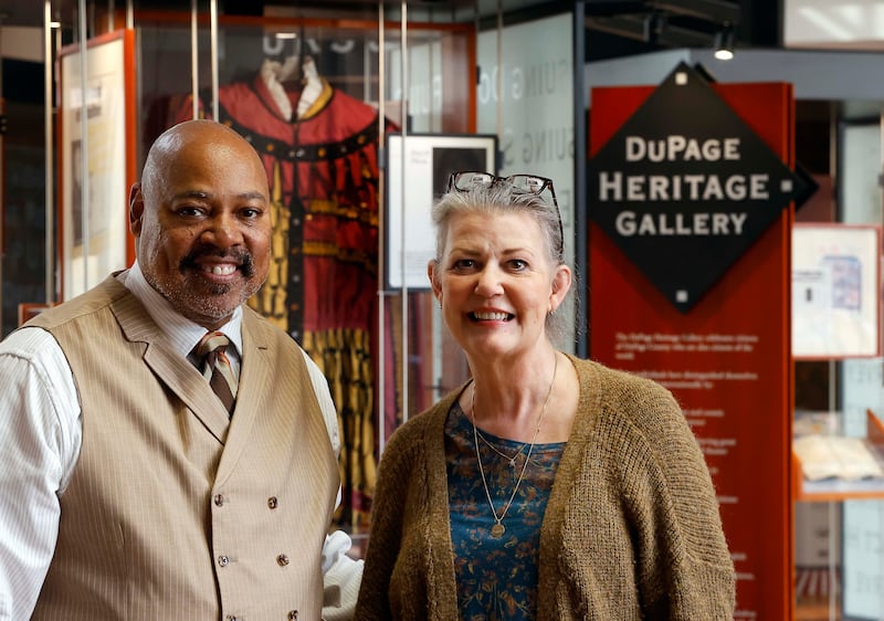 DuPage County Board Members, Mike Childress and Dawn DeSart at the DuPage Heritage Gallery in the County Administration Building Wednesday, Feb. 26, 2025 at 421 N. County Farm Road in Wheaton Illinois. DuPage County officials plan to update the Gallery and to seek input from the community on the people, places, and stories that should be featured in the new exhibit.
