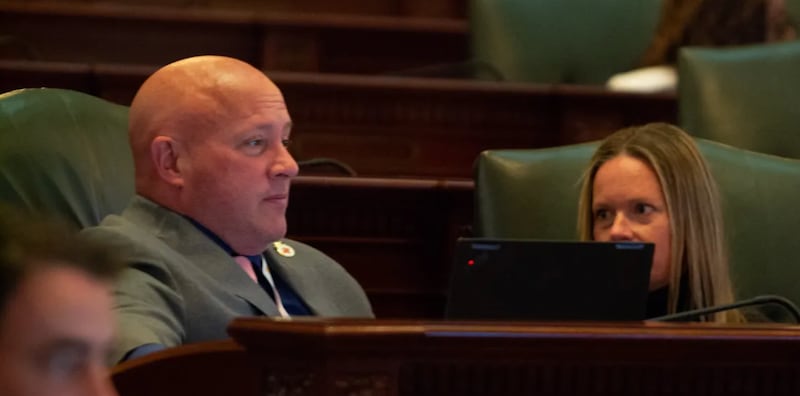 State Rep. Mike Kelly, D-Chicago, is pictured on the floor of the Illinois House on Thursday, May 20. Kelly, a Chicago firefighter, is sponsoring a bill to ban the sale of firefighter protective gear containing “forever chemicals.”
