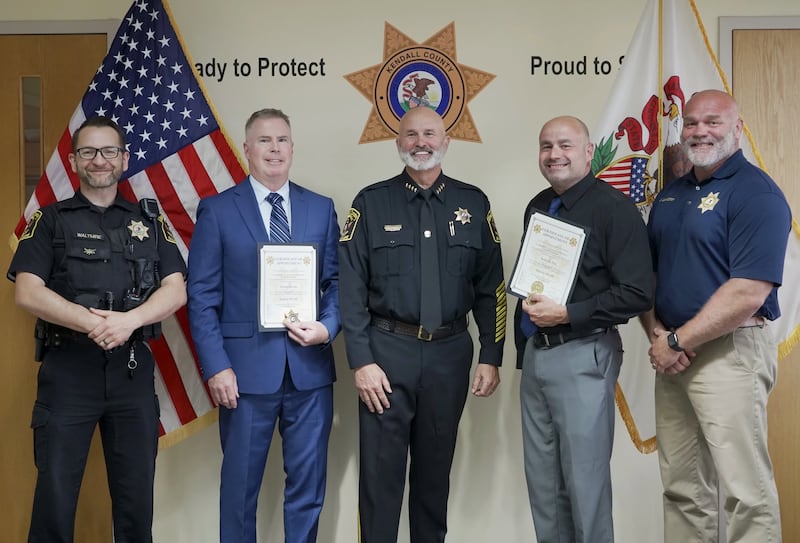 From left to right, Kendall County Sheriff Deputy Commander Caleb Waltmire,,Kendall County Sheriff Deputy Champ Evans, Kendall County Sheriff Dwight Baird, Kendall County Sheriff Deputy Anthony Ikis and Kendall County Sheriff Commander Jason Langston.
