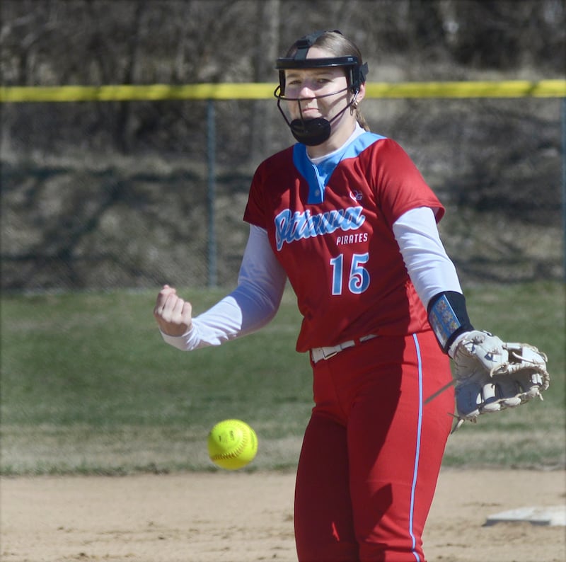 Ottawa’s starting pitcher Addie Russell lets go with a pitch against Joliet Catholic Saturday at Ottawa.