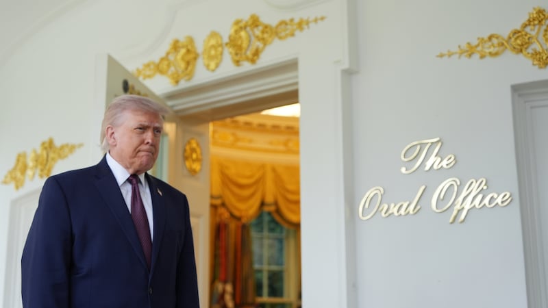 President Donald Trump speaks outside the Oval Office of the White House, Monday, April 13, 2026, in Washington. (AP Photo/Alex Brandon)