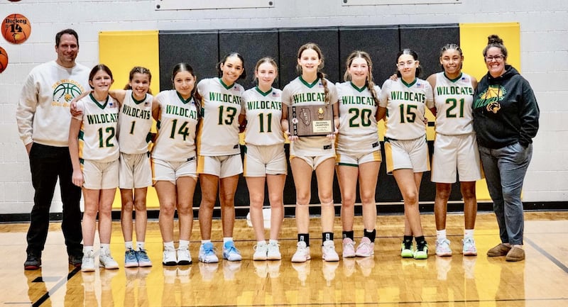 The Spring Valley JFK Wildcats defeated Cambridge 29-27 on Vivi Verucchi last-second shot from half court to capture the Class 2A McNabb Regional eighth-grade championship on Friday night. The Wildcats move on to the Fieldcrest Sectional to play Seneca at 6 p.m. Wednesday. Team members are Coach TJ Orlandi (from left), Claire Dubberstine, Marleigh Gray, Sofia Loya, Nadia Rounds, Josie Edgcomb, Vivi Verucchi, Brynn Pellegrini, Keira Arnold, Miracle Wright and Coach Bri Verucchi.