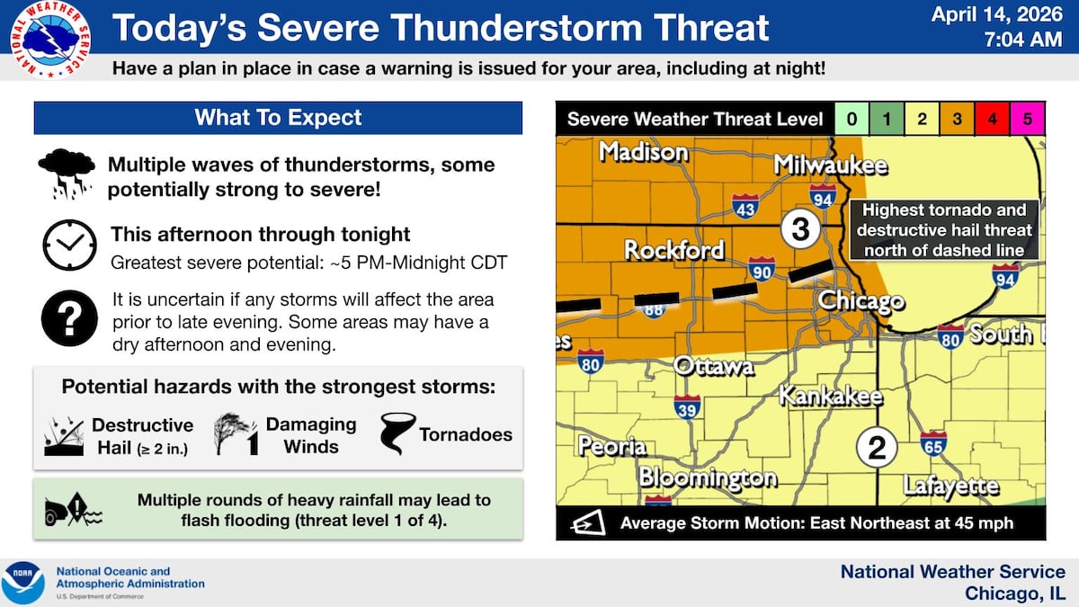 Severe storms could erupt late today in northern Illinois, tornado risk rises tonight