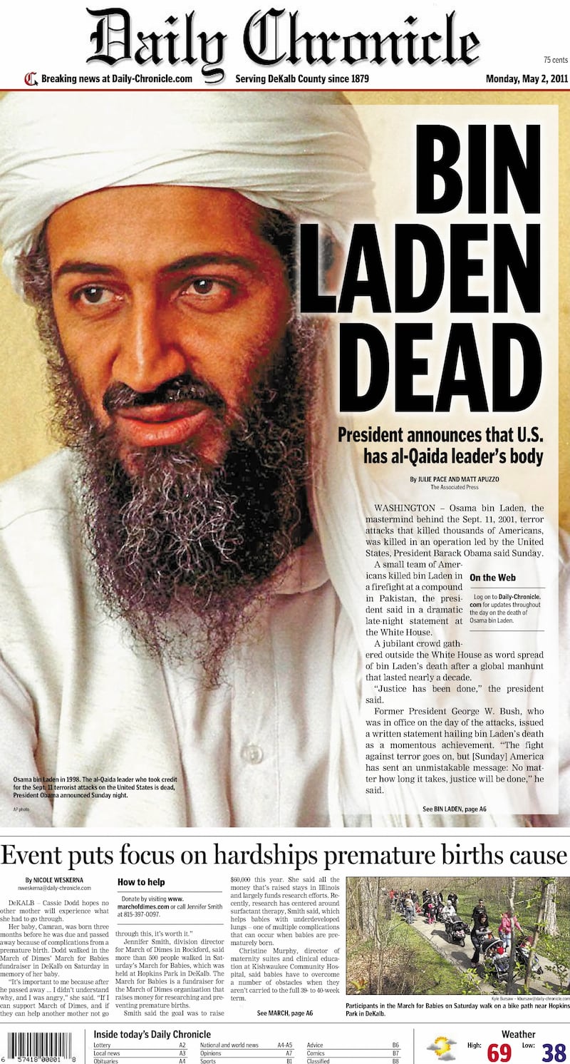 The cover of the Daily Chronicle for May 2, 2011