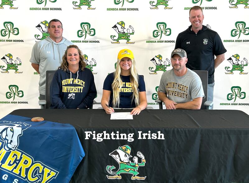 Recent Seneca graduate and Times All-Area Girls Volleyball first-teamer Lainie Olson has committed to continue her education at Mount Mercy University in Cedar Rapids, Iowa, and her volleyball career at the NAIA level for the Mustangs. At her signing ceremony were (left to right): in front - Sara Olson, Lainie Olson, Sylvan Olson; in back - Seneca AD Ted O'Boyle and girls volleyball coach Noah Champene.