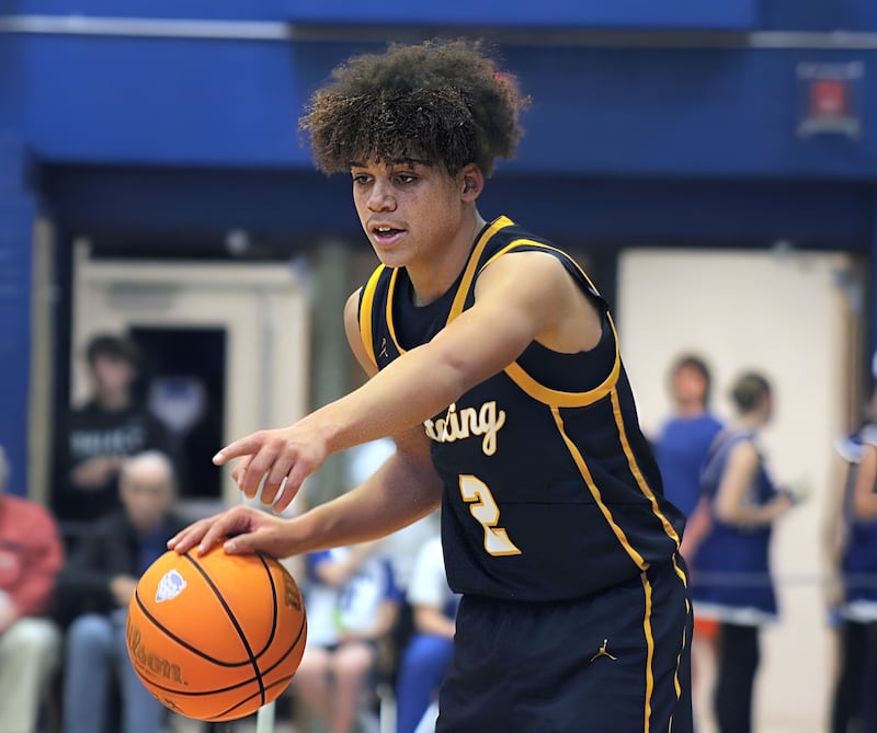 Sterling freshman Deandre Maas is pictured during a game at Quincy on Friday, Dec. 12, 2025. Maas scored a career-high 25 points in a 63-37 win.