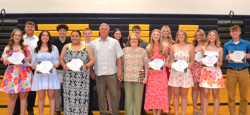 On May 14, during the Polo Community High School awards night, Mike and Paula Faivre awarded 14 scholarships from the William and Beverly Burkardt Family Foundation. Those receiving scholarships were (back row left to right): Logan Nelson, Jordan Flowers, Caleb Sutton, Mazy Queckboerner, Augustin Mumford, Isabella Bergstrom, Alayna Young. Front row: Natalya Witkowski, Abigail Barron, Brianna Kuhn, Abbigail Merrell, Kaitlyn Rockwood, Myah Ackeberg, and Gage Zeigler. Since 2012, the William and Beverly Burkardt Family Foundation has awarded 116 scholarships.