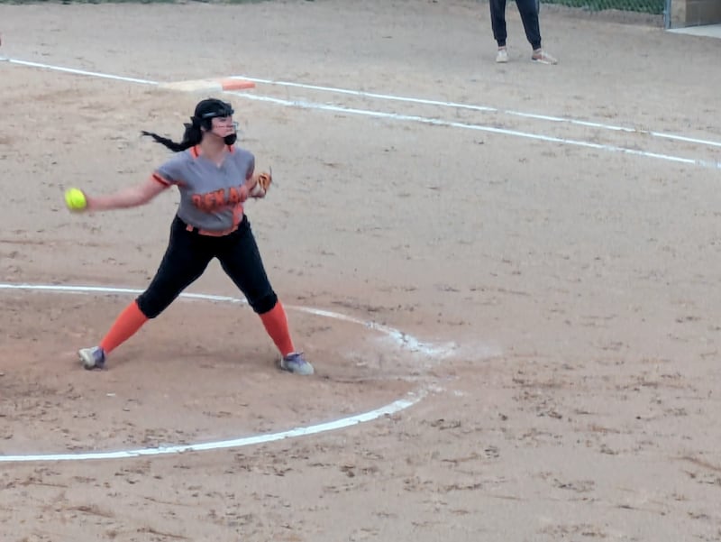 DeKalb pitcher Jasmine Rodriguez delivers during the Barbs' 9-2 win over Naperville on Thursday, April 9, 2026 at DeKalb.