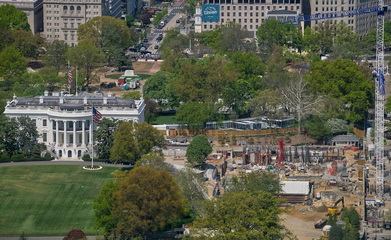 Work continues on the construction of the ballroom at the White House, Thursday, April 9, 2026, in Washington, where the East Wing once stood. (AP Photo/Rod Lamkey, Jr.)