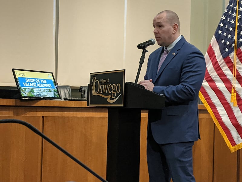 Oswego Village President Ryan Kauffman delivers the State of the Village address at Oswego Village Hall Wednesday, March 4, 2026.