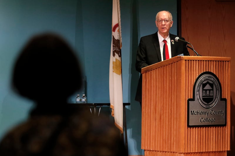 Democratic U.S. Rep. Bill Foster answers a question during a town hall on Wednesday, April 16, 2025, at McHenry County College's Luecht Auditorium in Crystal Lake.