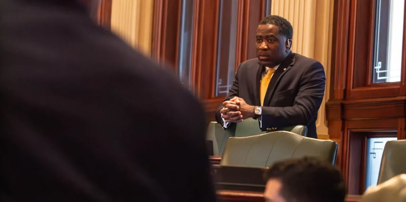 Rep. Marcus Evans, D-Chicago, on the House floor in May 2025.