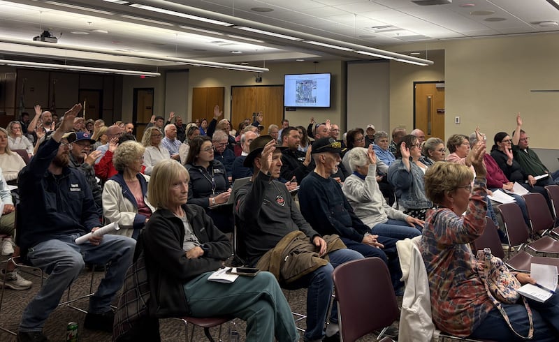 Wonder Lake-area residents are sworn in at a May 22, 2025, McHenry County Zoning Board of Appeals hearing over a proposed slaughterhouse near near the village.