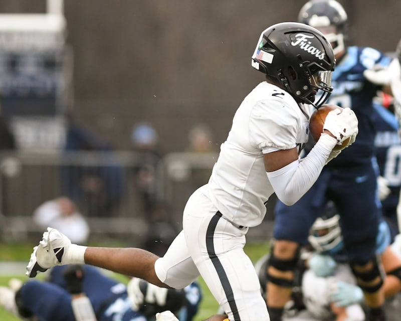 Fenwick's Josh Morgan (2) catches the ball for an interception on Saturday Nov. 22, 2025, while taking on Nazareth Academy in the 6A semifinals game held at Nazareth Academy High School in La Grange Park.