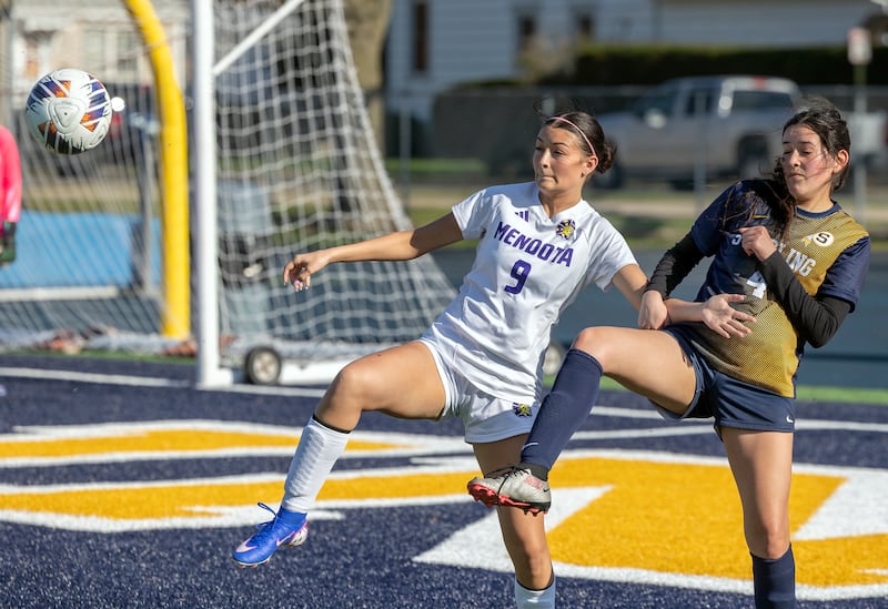 Mendota’s Sophia Orozco and Sterling’s Kylie Todd works in front of the goal Wednesday, April 8, 2026.