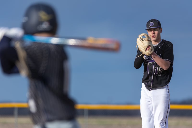 Beau Raikes of Serena stares down batter before pitch on Monday, April 7, 2025 at Serena High School in Serena.