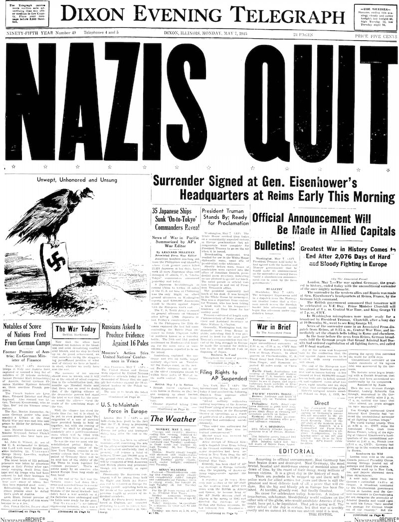 The cover of the Dixon Evening Telegraph for May 7, 1945